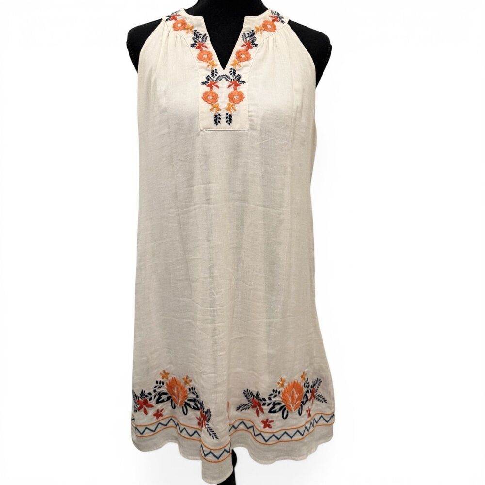 THML Women Small Embroidered Shift Dress Sleeveless Cream Cotton Boho Lined